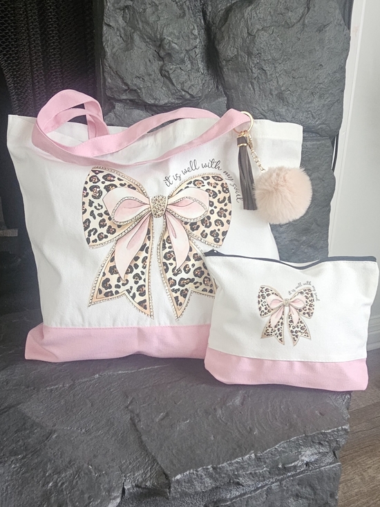 Handmade Handbags - Set White and Pink Bow Tote Bag with Matching Pouch